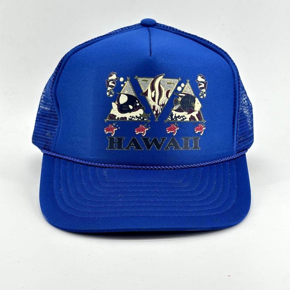 VINTAGE Hawaii Rope Snapback Trucker Hat Mesh Cap Tropical Fish Turtles 80s 90s